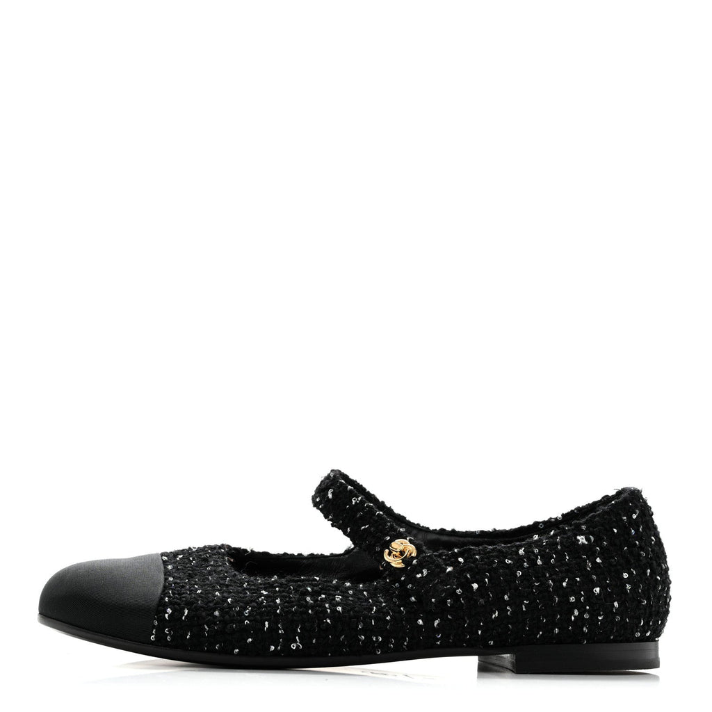 Tweed Sequin Grosgrain Cap Toe Mary Jane Flats 39 Black