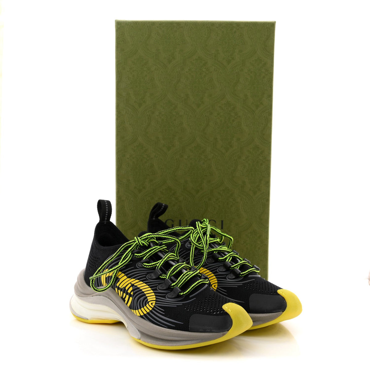 Technical Knit Fabric Waves Womens Gucci Run Sneakers 35 Black Silver Giallo Neon Yellow