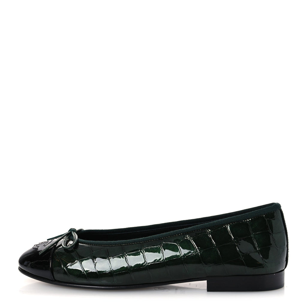 Crocodile Embossed Patent Calfskin Cap Toe CC Ballerina Flats 37.5 Dark Green Black