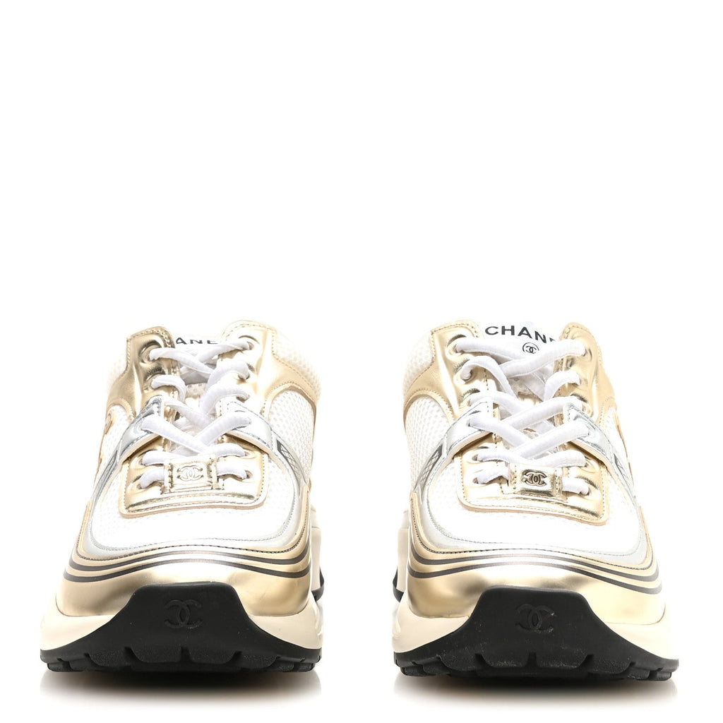 Fabric Laminated Calfskin Stretch CC Womens Sneakers 36.5 White Gold Silver