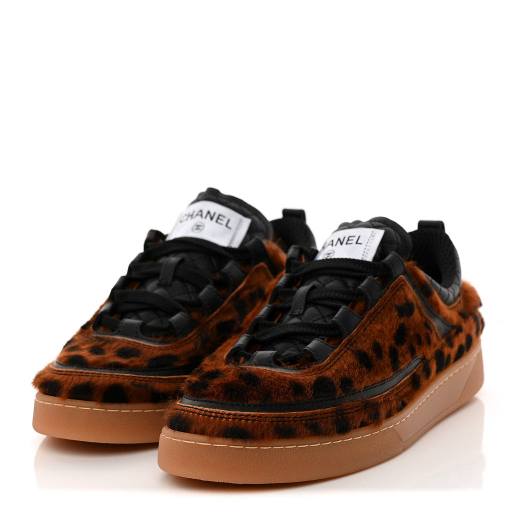 Lambskin Cheetah Print Quilted Sneakers 38.5 Brown Black