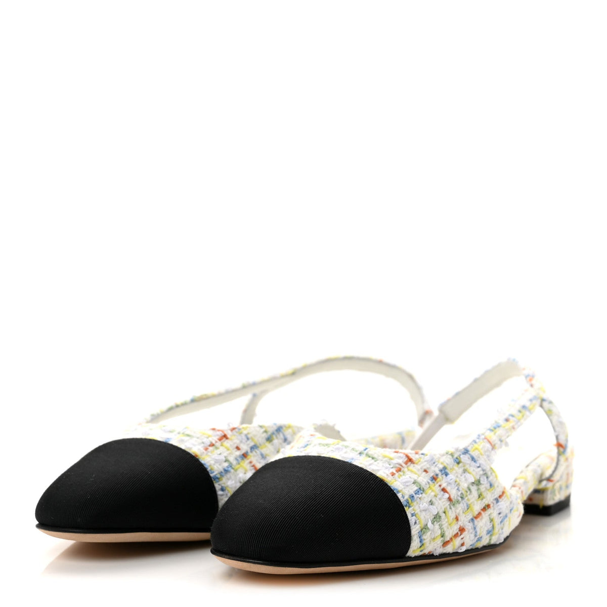 Tweed Grosgrain Cap Toe CC Slingback Flat 38 White Multicolor