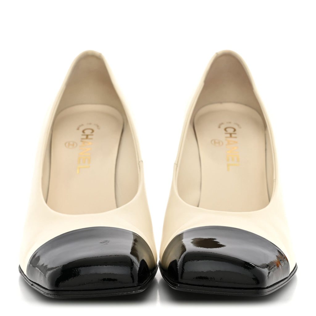 Lambskin Patent Calfskin Cap Toe Pumps 39.5 Ivory Black