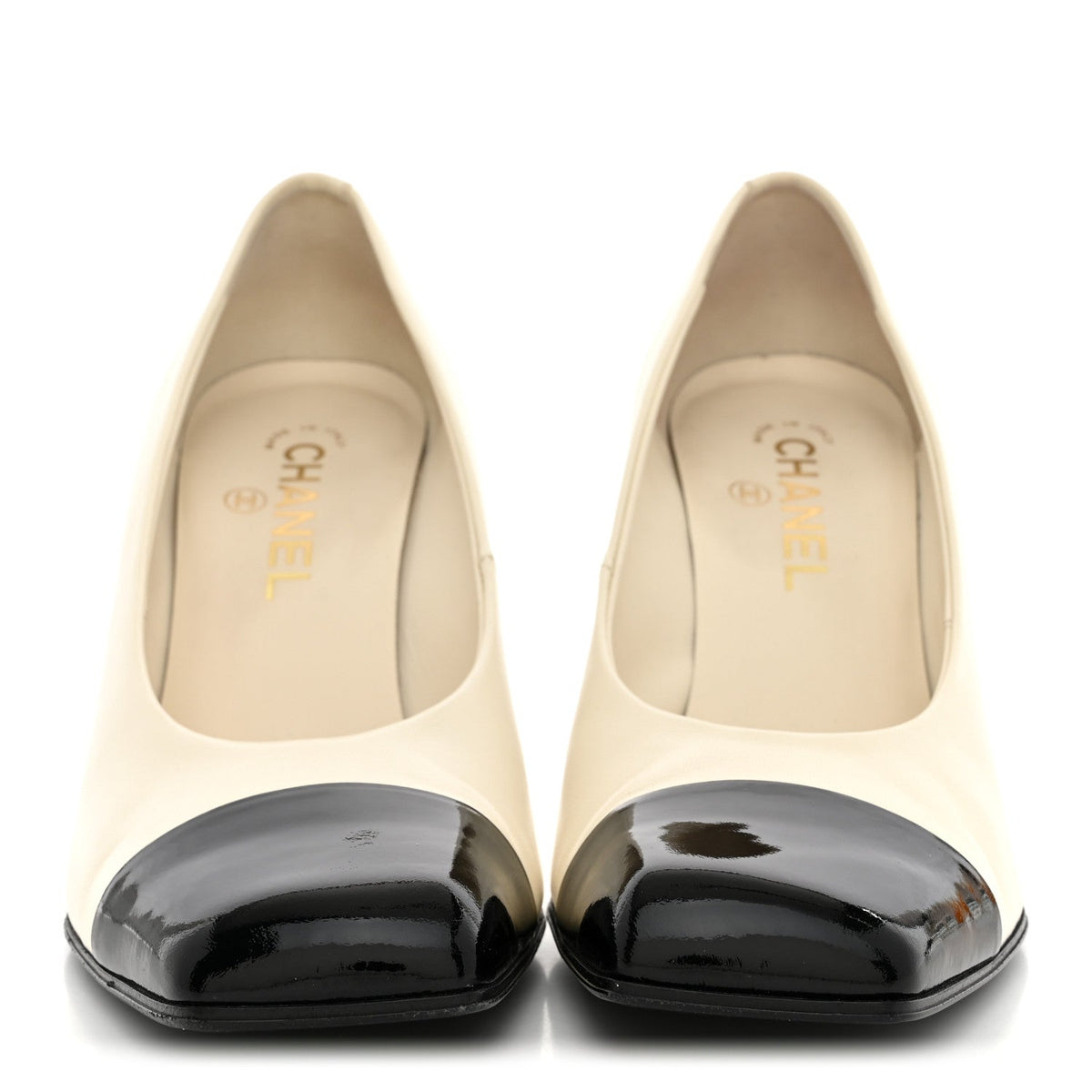 Lambskin Patent Calfskin Cap Toe Pumps 39.5 Ivory Black