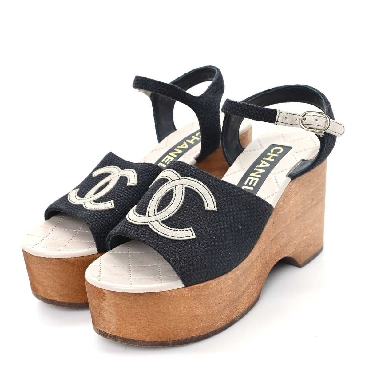 Fabric Calfskin Platform Wedge Sandals 36 Black