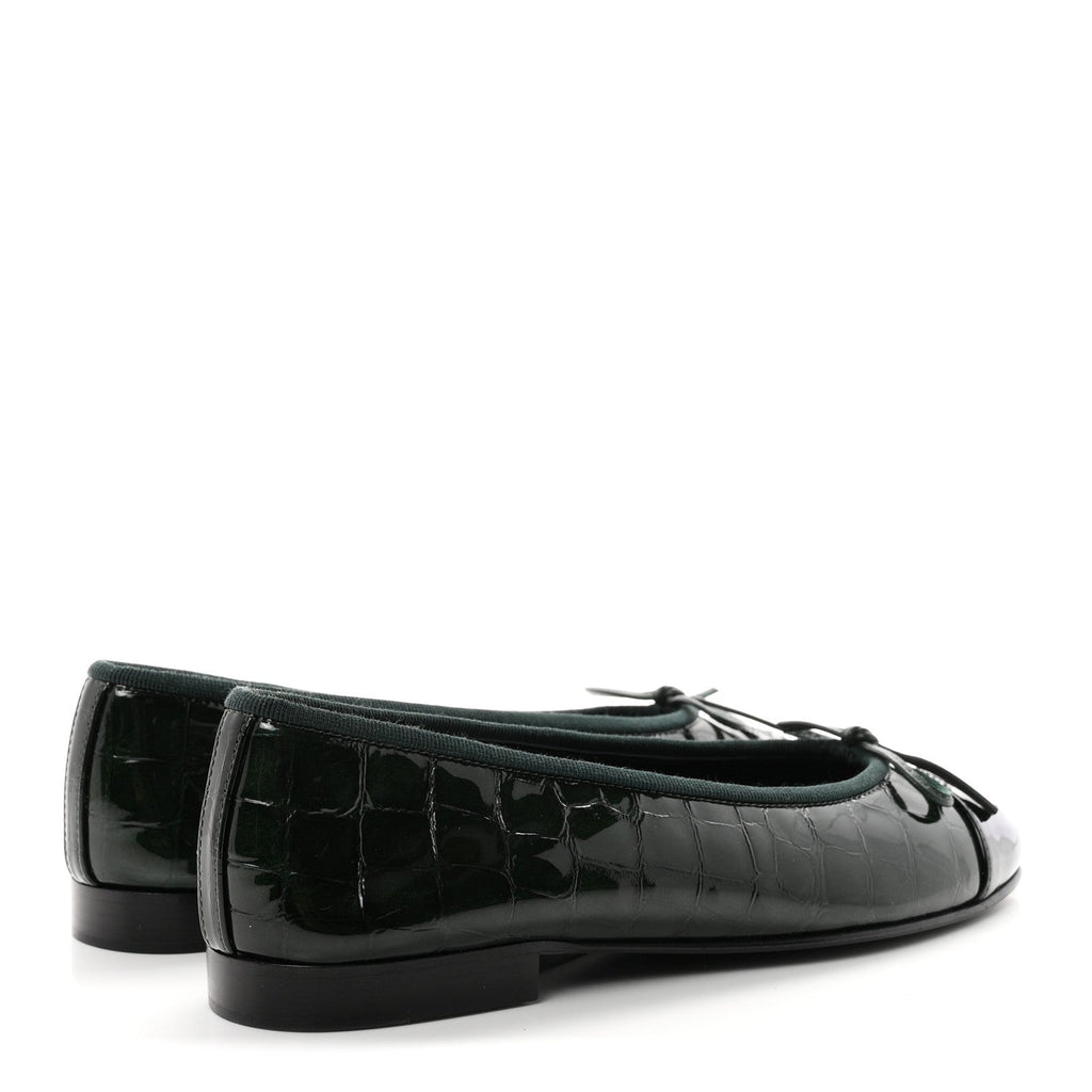 Crocodile Embossed Patent Calfskin Ballet Flats 35.5 Dark Green Black