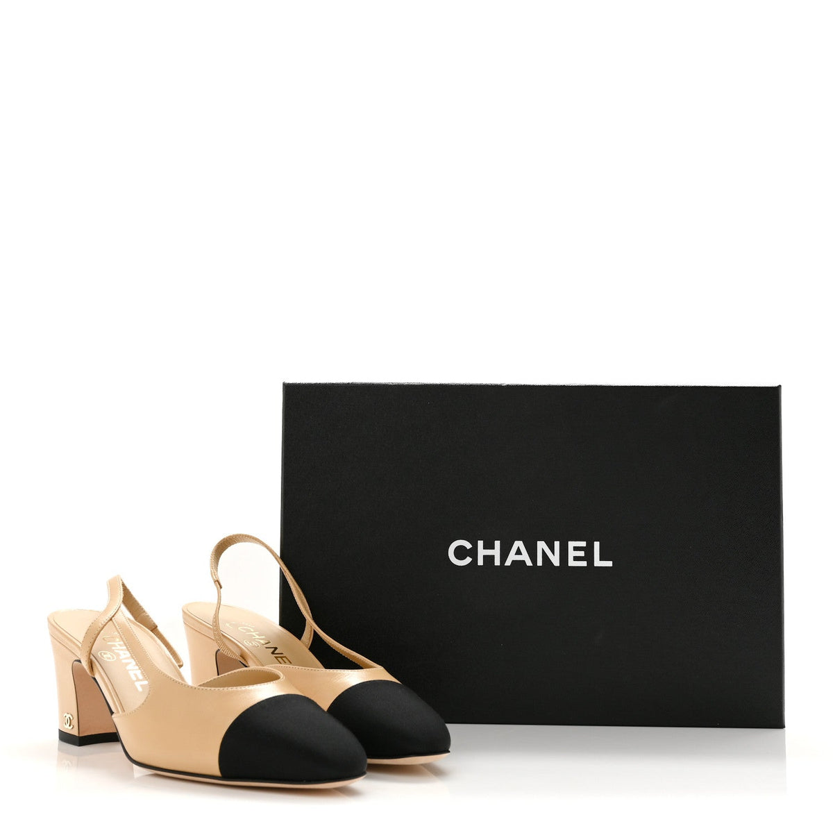 Goatskin Grosgrain Cap Toe CC Slingback Pumps 37 Beige Black