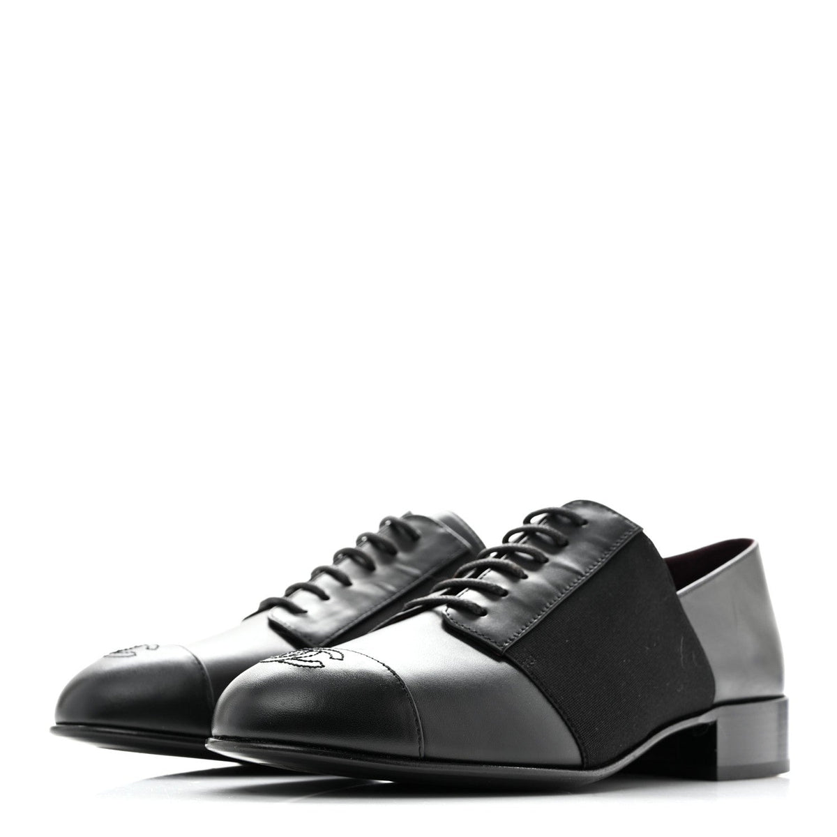 Calfskin Elastic Lace Up Cap Toe CC Loafers 38 Black
