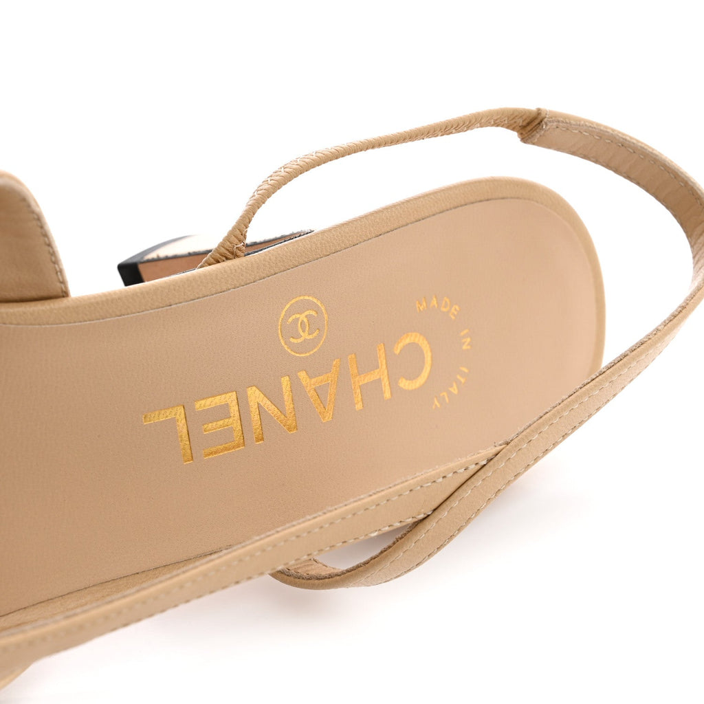 Goatskin Grosgrain Cap Toe CC Slingback Pumps 38 Beige Black