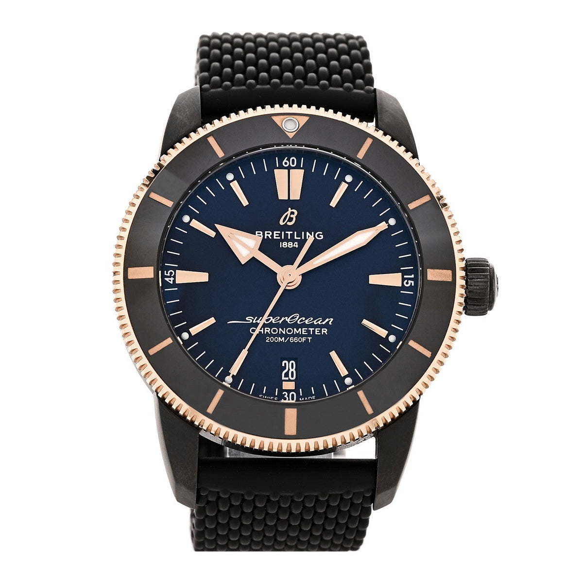 Stainless Steel 18K Rose Gold Rubber 44mm Superocean Heritage II B20 Beverly Hills Automatic Watch Black UB20303A1B1S1