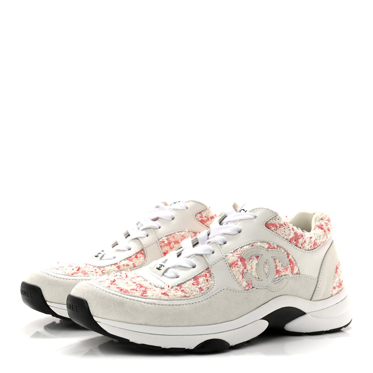 Tweed Suede Calfskin Womens CC Sneakers 40.5 Ecru Pink Red White