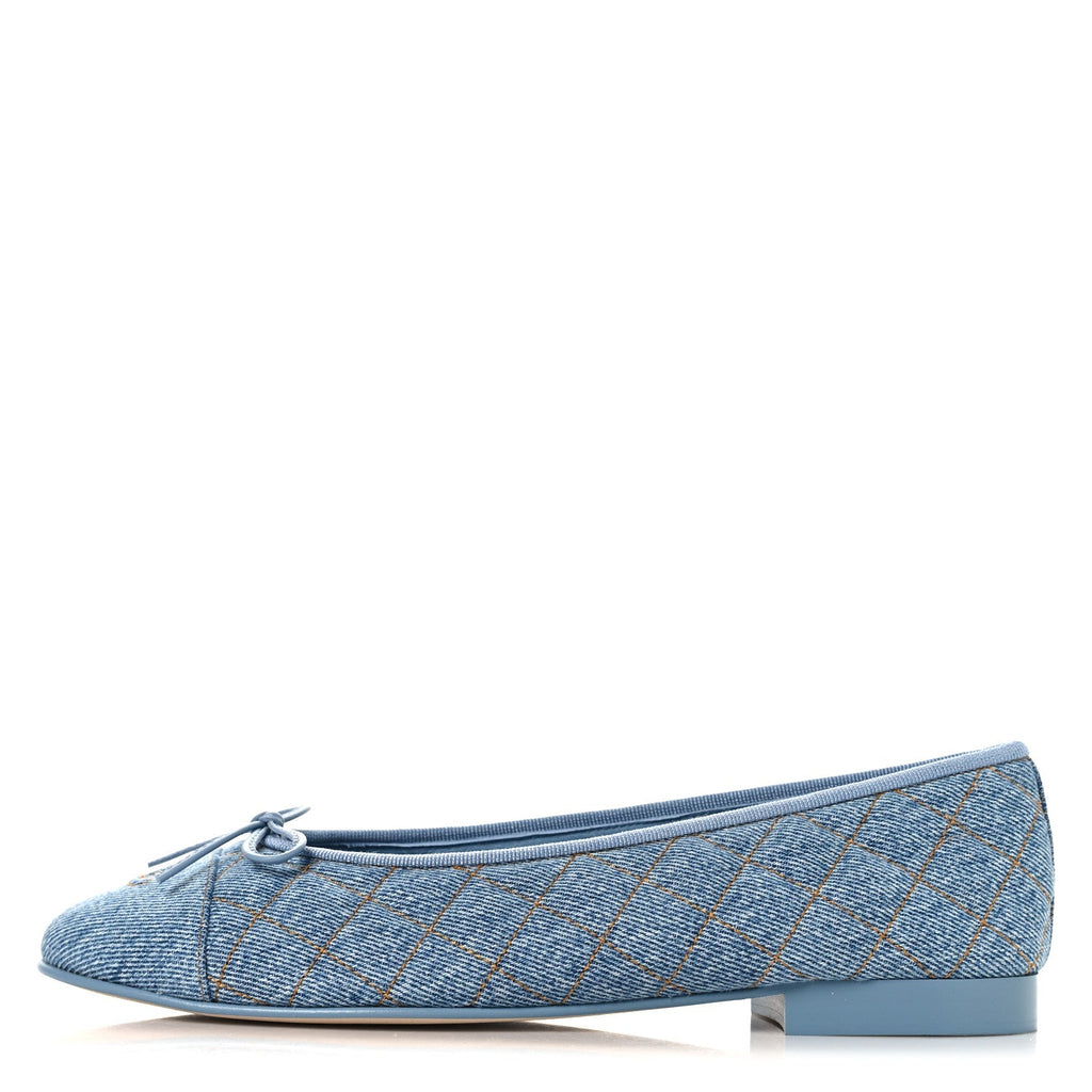 Denim Quilted CC Cap Toe Ballerina Flats 40.5 Light Blue