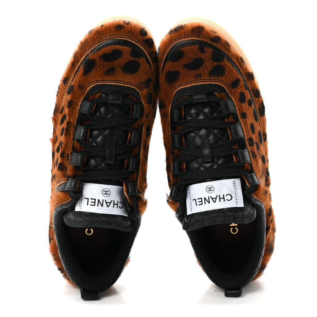 Lambskin Cheetah Print Quilted Sneakers 38.5 Brown Black