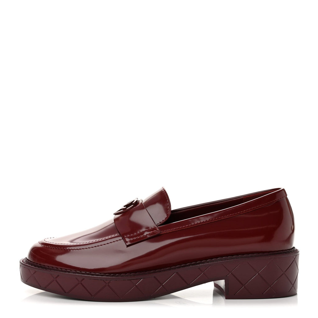 Shiny Calfskin Quilted CC Mocassin Loafers 39.5  Dark Red