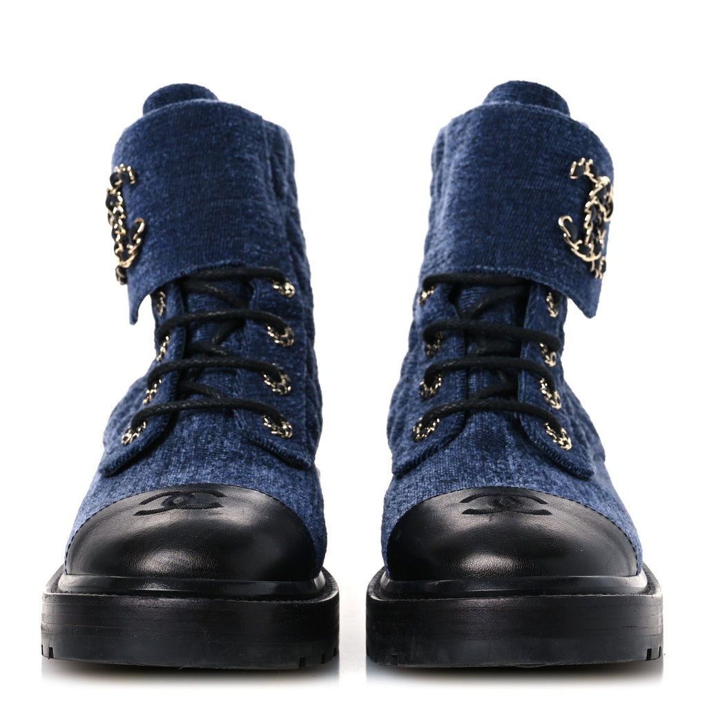 Shiny Calfskin Velvet Quilted Lace Up Combat Boots 39.5 Blue Black