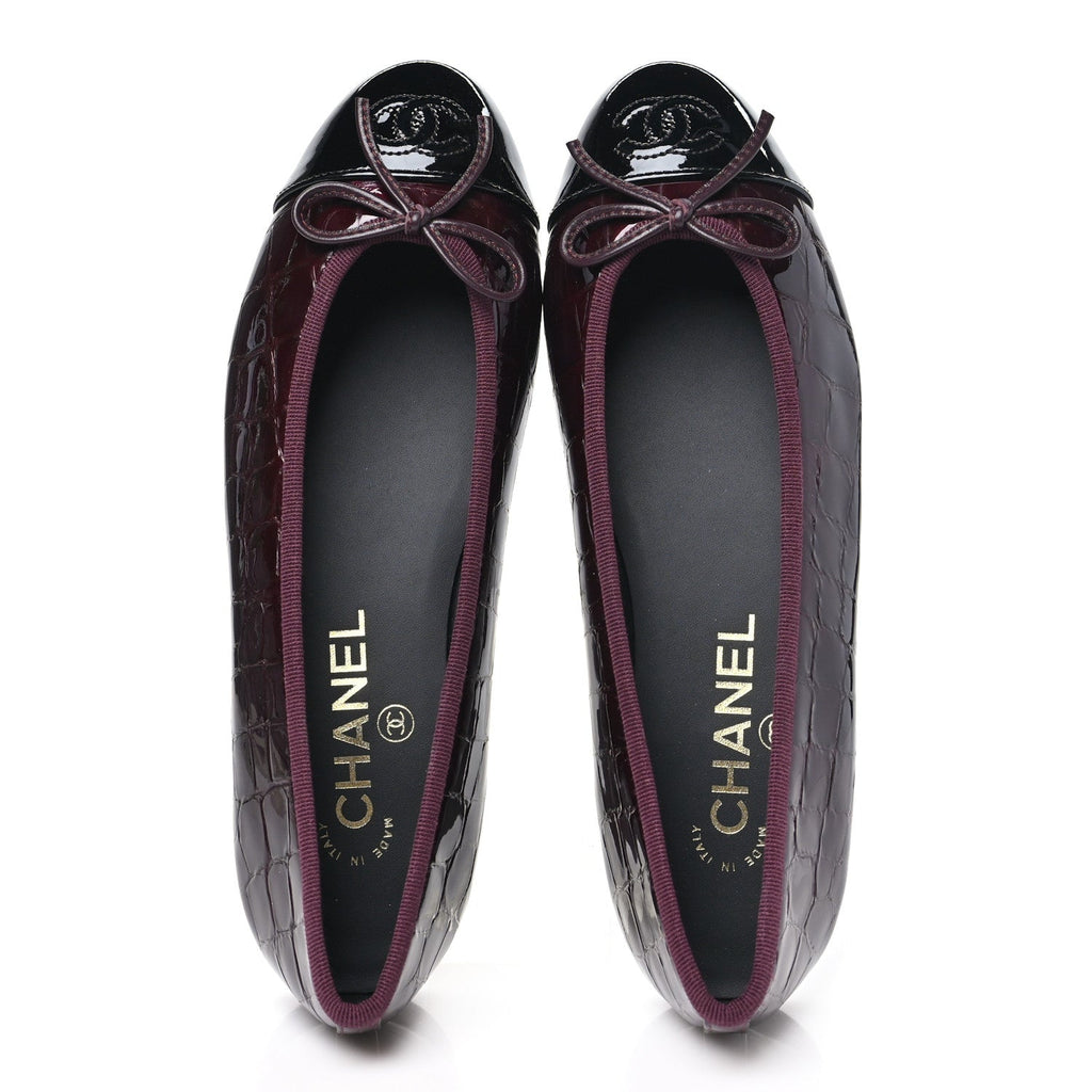 Patent Calfskin Crocodile Embossed Ballerina Flats 37 Dark Burgundy Black