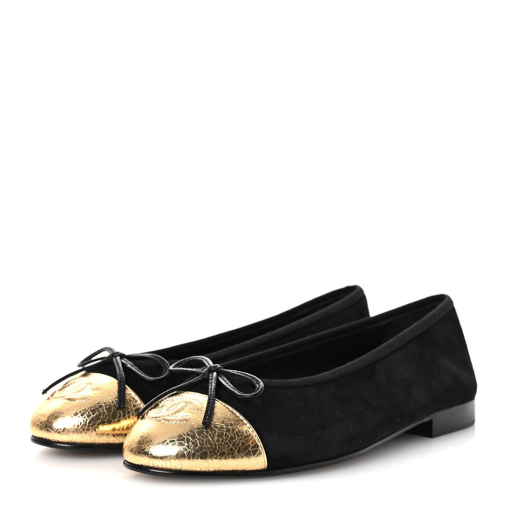 Suede Crackled Laminated Calfskin Cap Toe Ballerina Flats 36.5 Black Gold