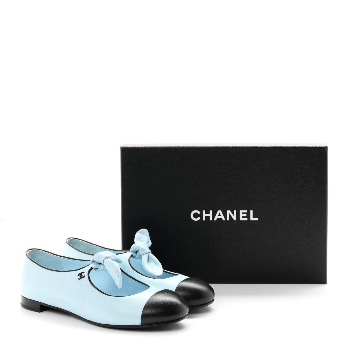 Lambskin Bow Mary Jane Flats 37.5  Light Blue Black