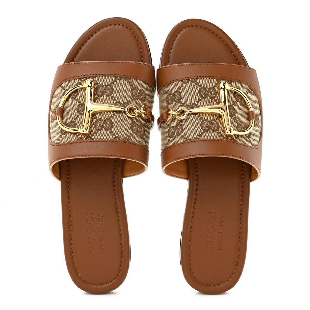 Calfskin Monogram Horsebit Womens Slide Sandals 37 Beige Ebony Sundial