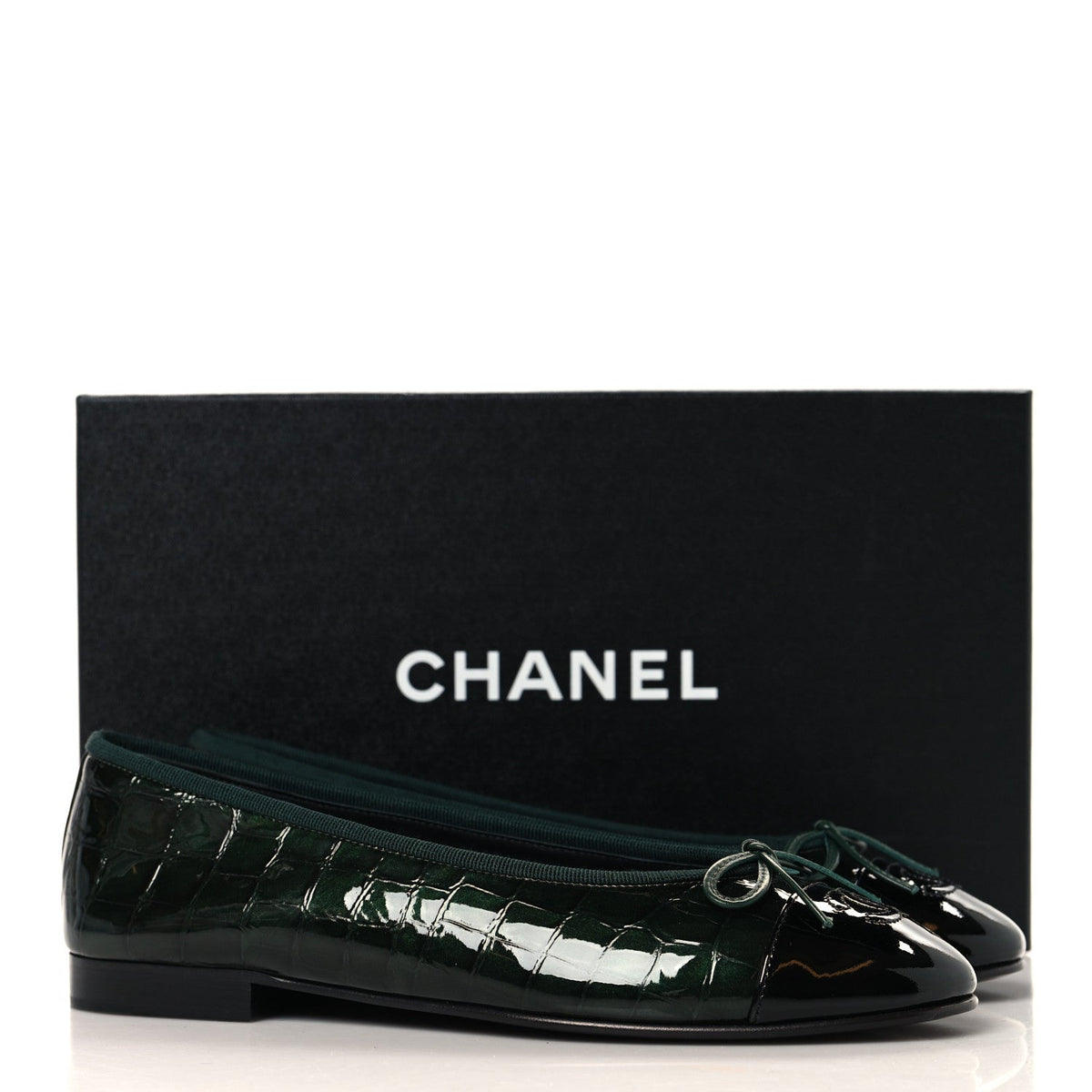 Patent Calfskin Crocodile Embossed Ballerina Flats 38 Dark Green Black