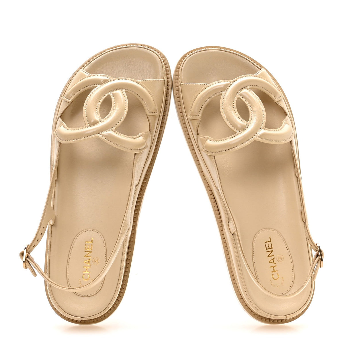 Crumpled Shiny Lambskin CC Cut Out Dad Sandals 39 Beige