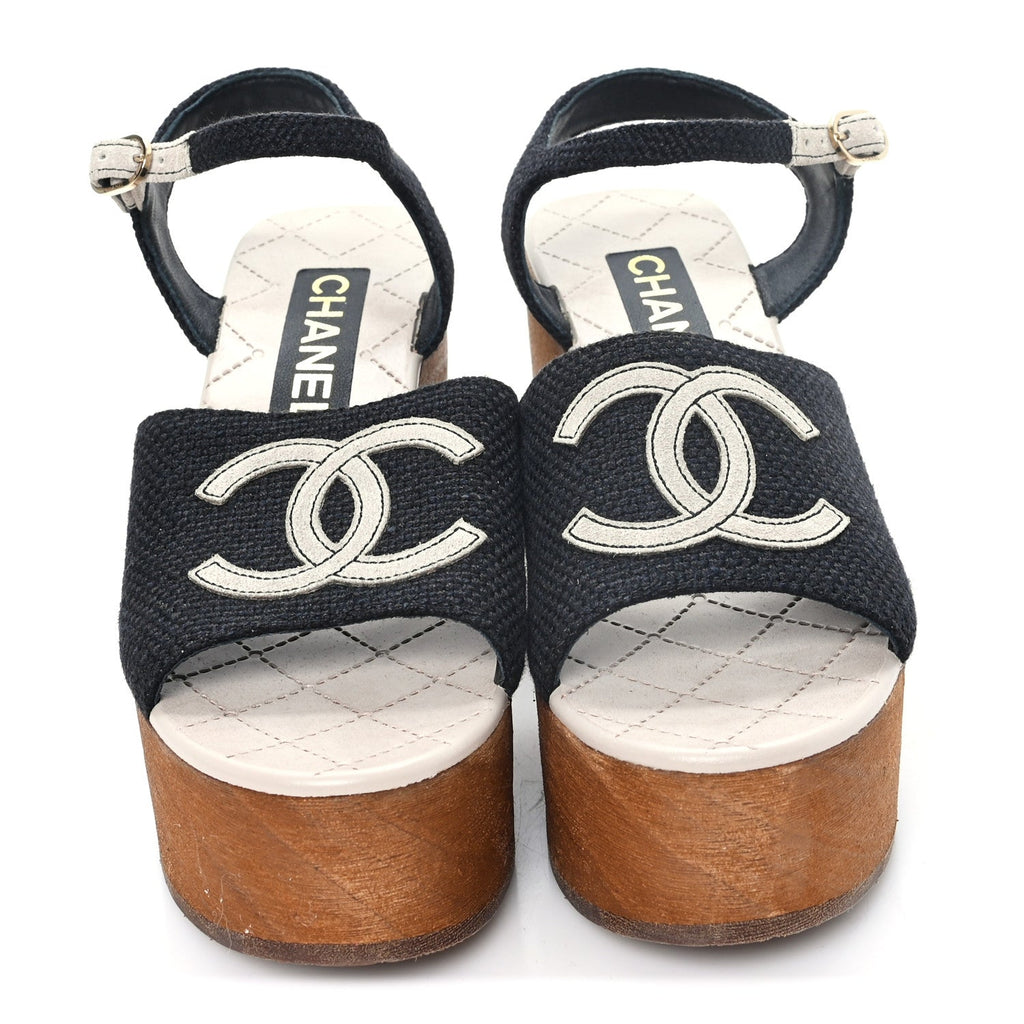 Fabric Calfskin Platform Wedge Sandals 36 Black