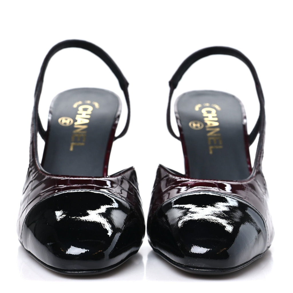 Crocodile Embossed Patent CC Cap Toe CC Slingback Pumps 38 Dark Burgundy