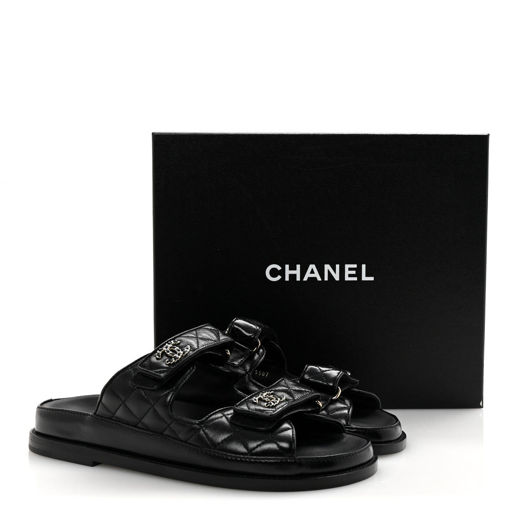 Lambskin Quilted Velcro Dad Chain CC Slide Sandals 38 Black