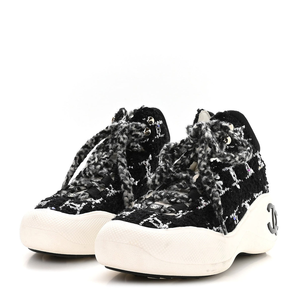 Tweed Sequins CC Lace Up Ankle Snow Boots 40 Black White