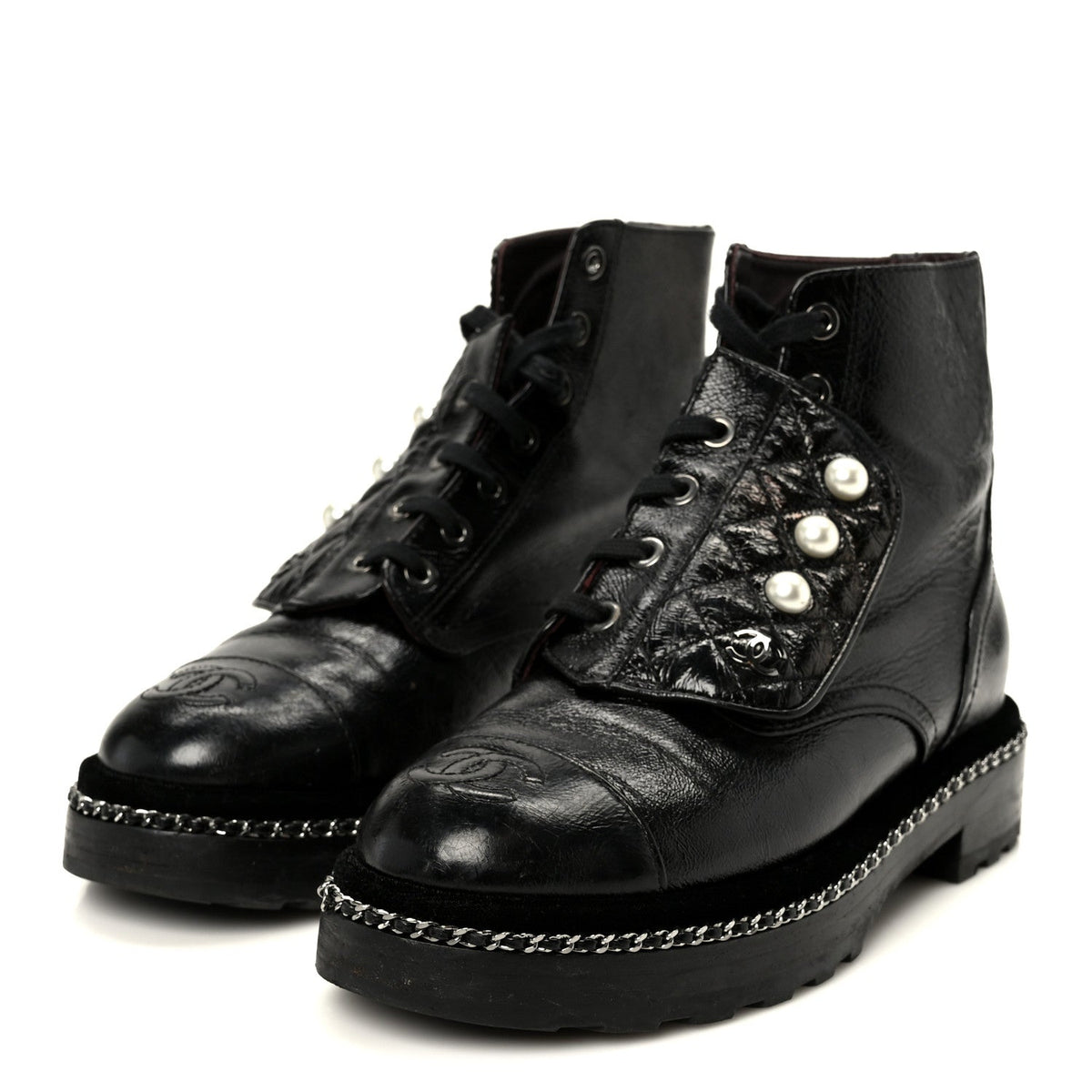Crackled Calfskin Velvet Pearl Combat Short Boots 36 Black