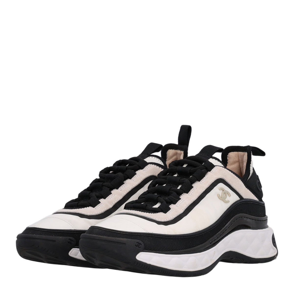 Fabric Suede Calfskin CC Sneakers 38 White Black