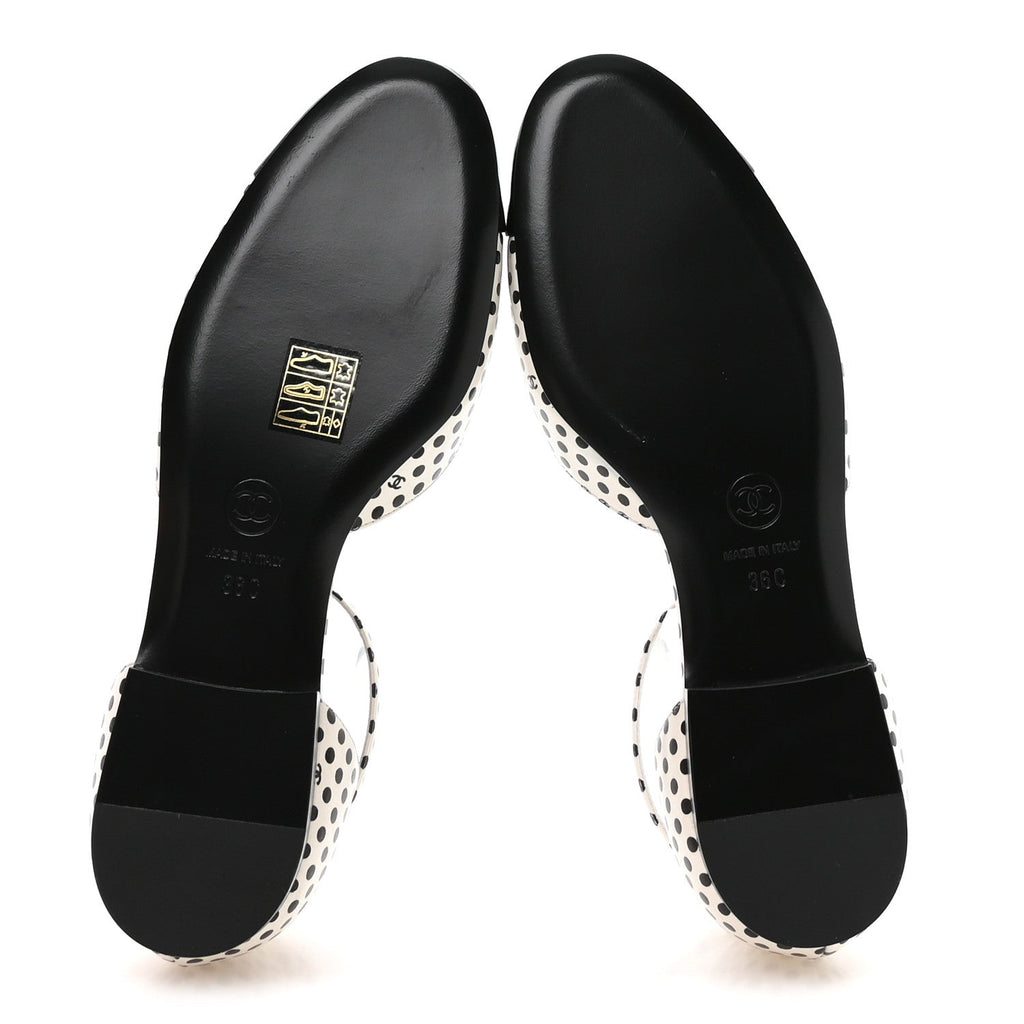 Calfskin Printed Patent Cap Toe Polka Dot Camellia Mary Jane Flats 36 White Black