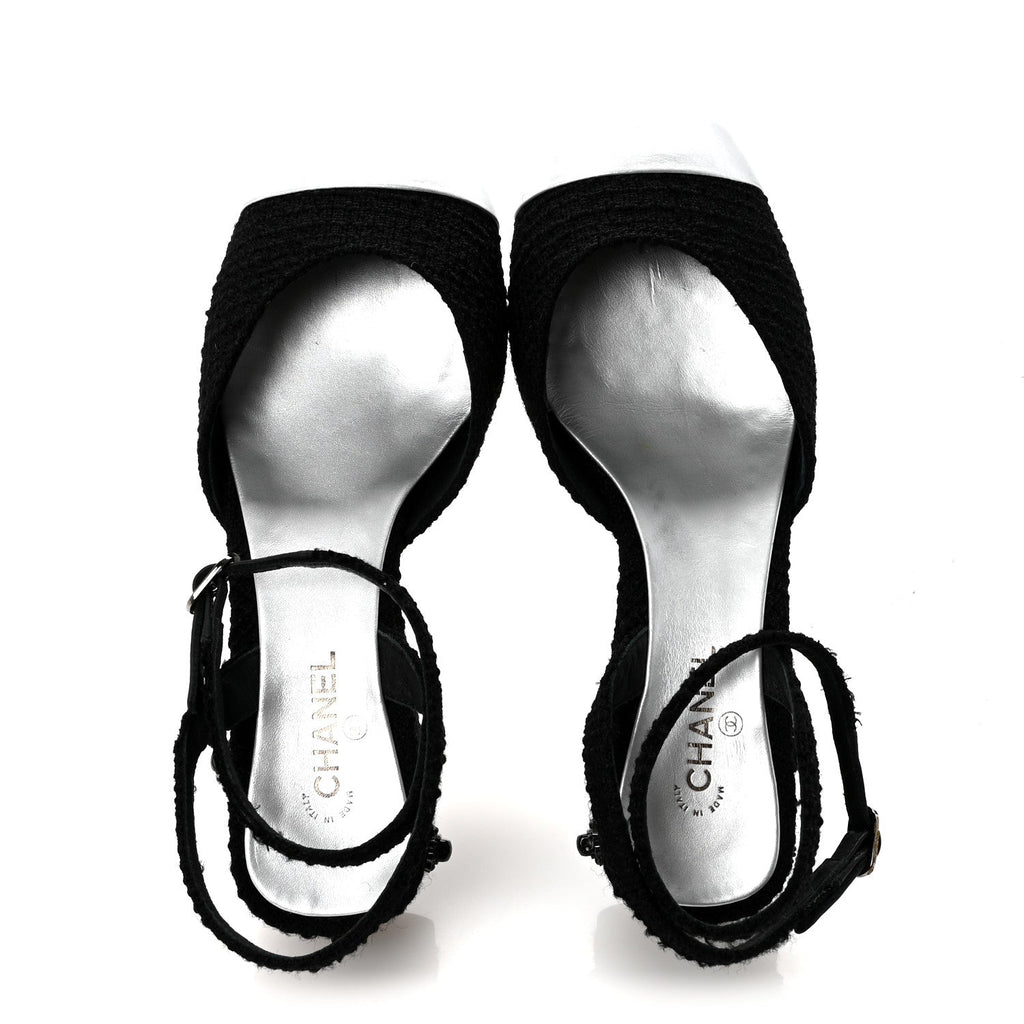 Tweed Iridescent Calfskin Cap Toe CC Slingback Pumps 37 Black Silver