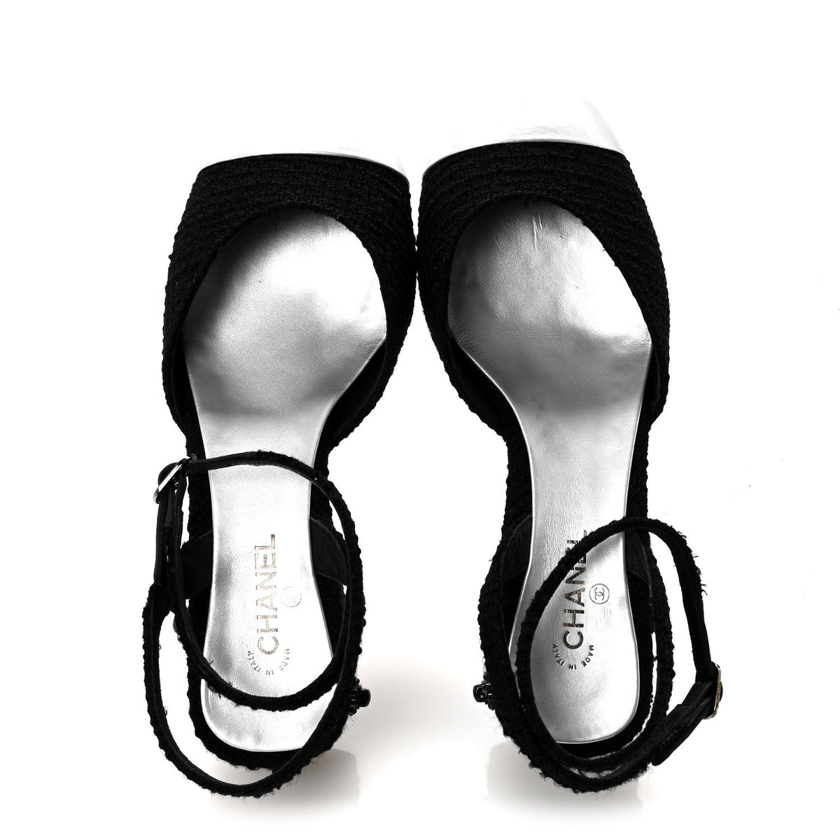 Tweed Iridescent Calfskin Cap Toe CC Slingback Pumps 37 Black Silver