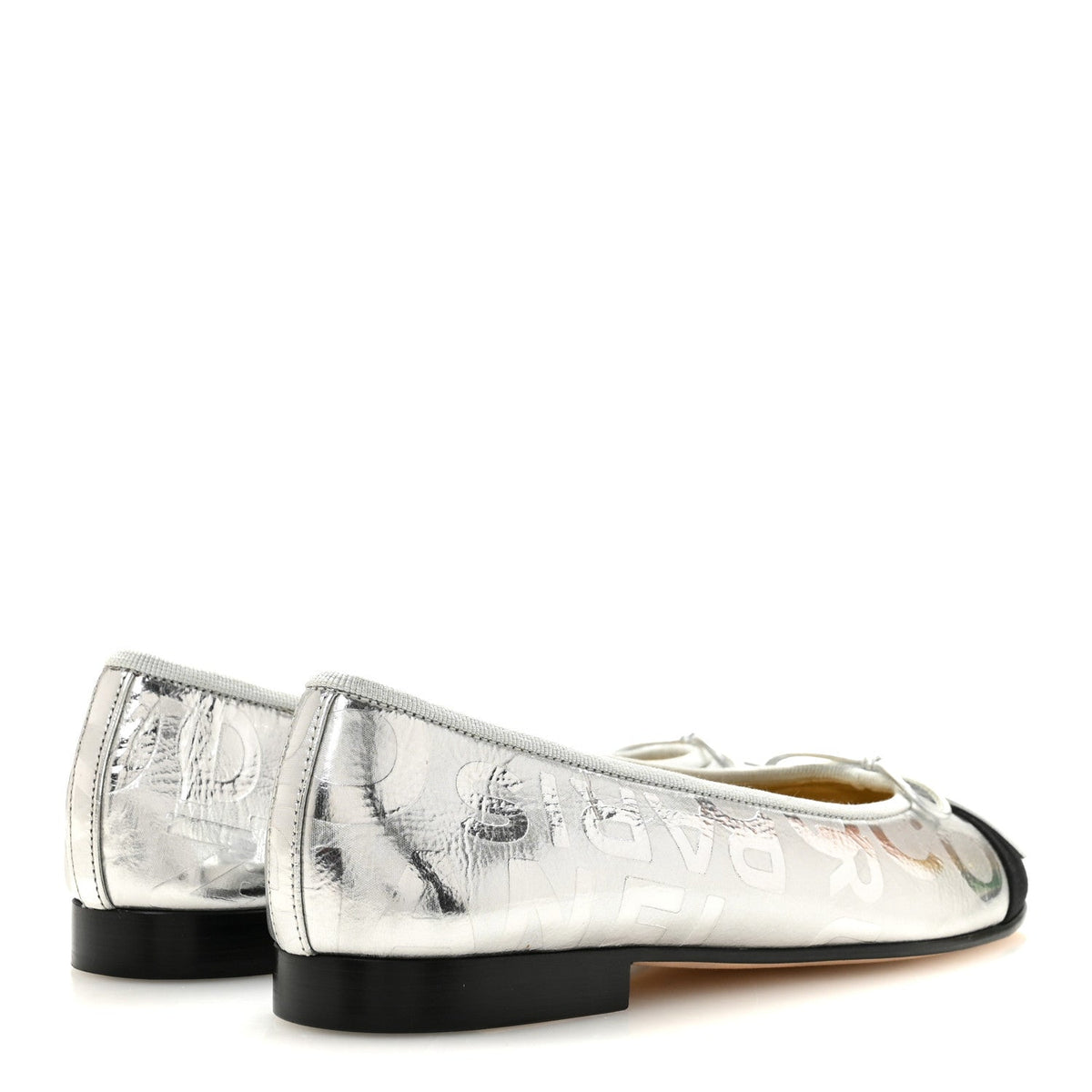 Laminated Goatskin Grosgrain Cap Toe CC Ballerina Flats 36 Silver Black