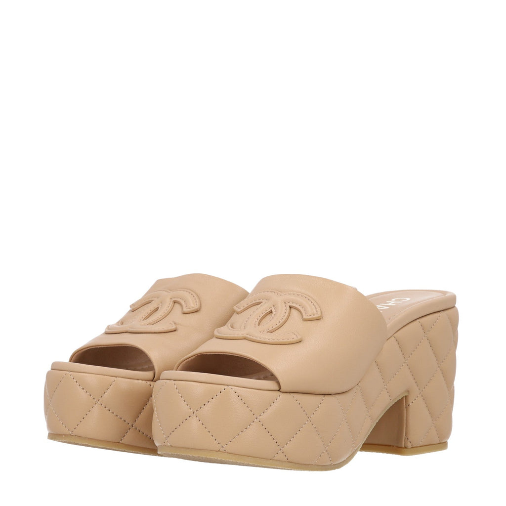 Lambskin Quilted CC Platform Mules 37.5 Beige