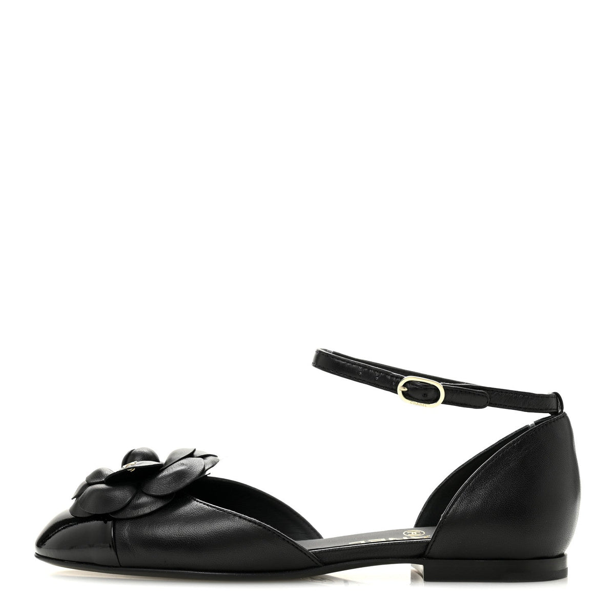Lambskin Patent Calfskin Cap Toe Camellia Mary Jane Flats 36 Black