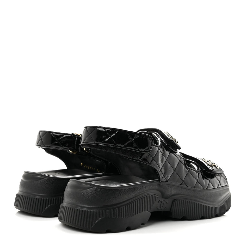 Shiny Calfskin Chain CC Velcro Dad Platform Sandals  38 Black