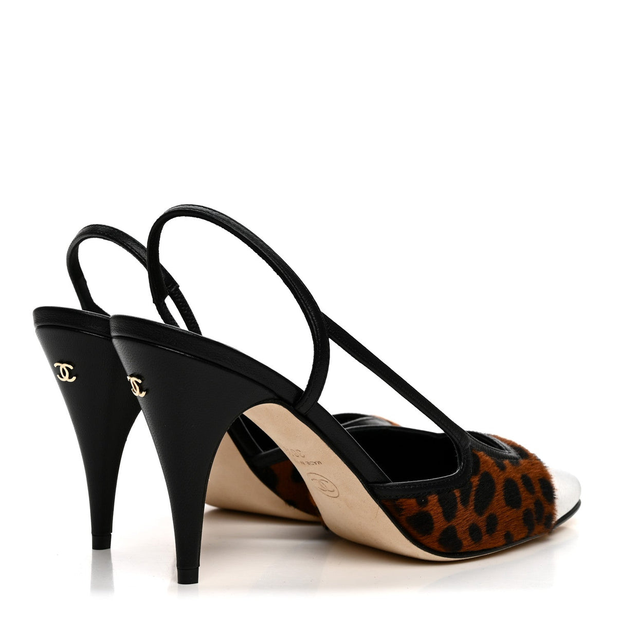 Lambskin Mixed Fibers Cap Toe CC Slingback Pumps 38.5 Brown Black White