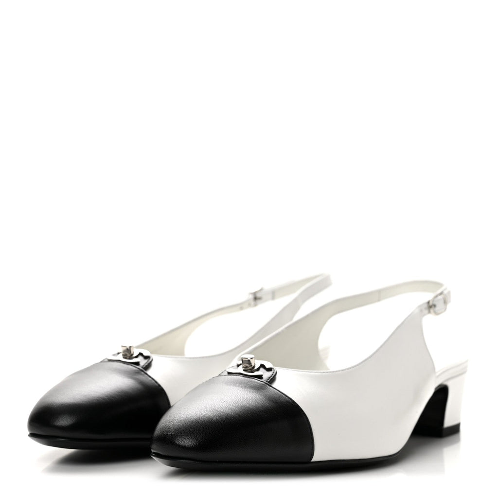 Goatskin Grosgrain Cap Toe CC Slingback Pumps 40 Black White