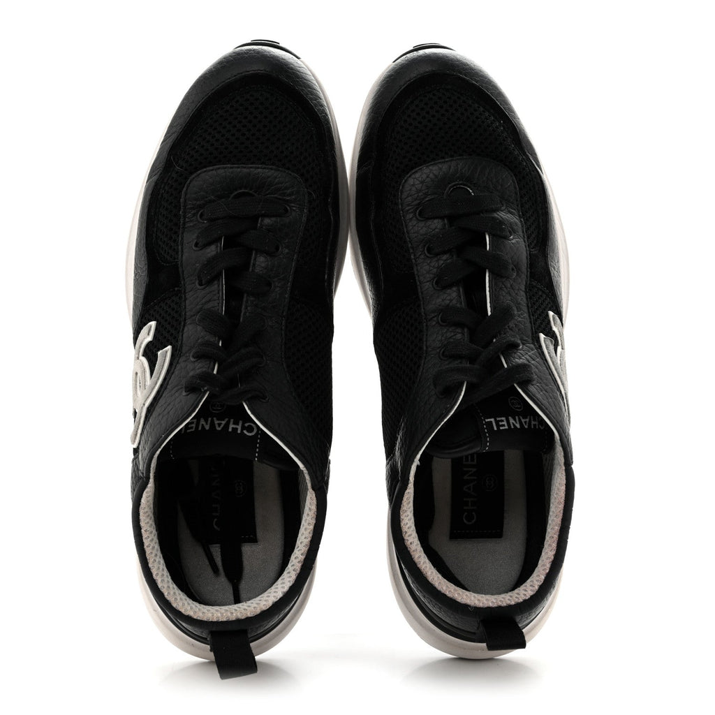 Calfskin Mesh Lycra Suede Womens Logo Sneakers 38.5 Black