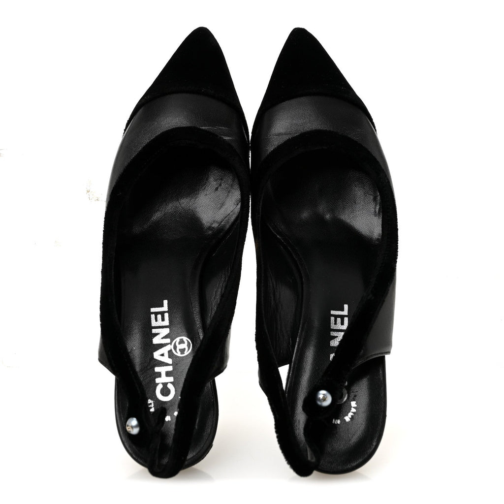 Velvet Lambskin Pearl CC Slingback Pumps 36 Black
