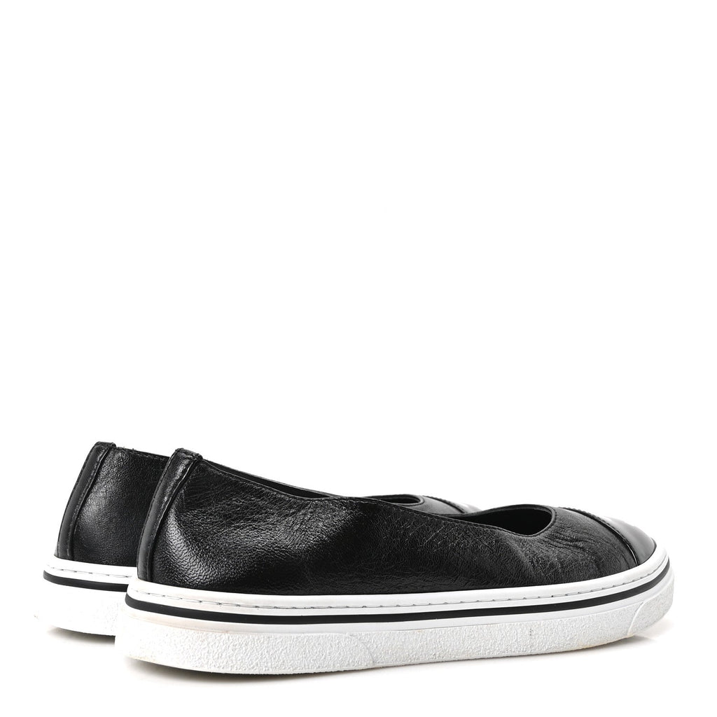 Crumpled Shiny Lambskin Patent Calfskin CC Ballet Flats 36.5 Black