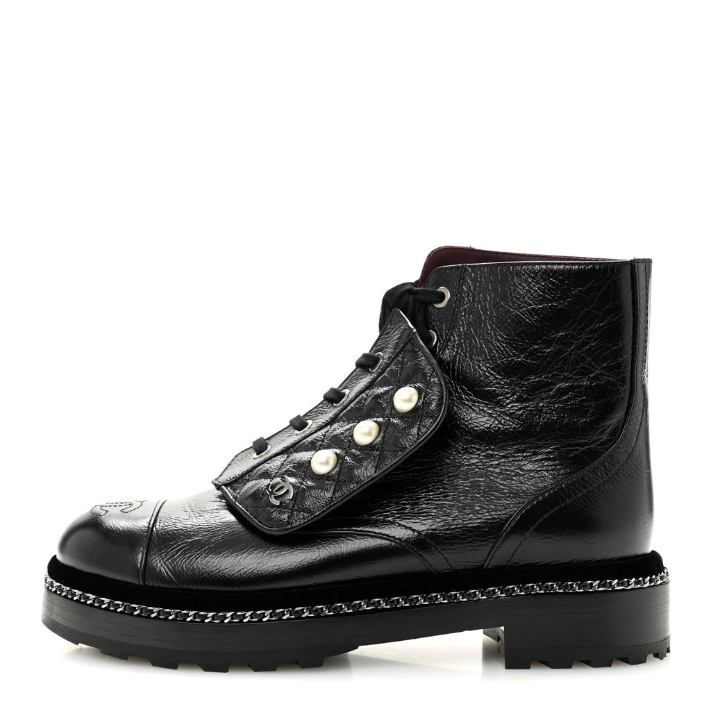 Crackled Calfskin Velvet Pearl Combat Short Boots 38.5 Black
