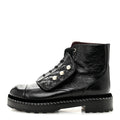 Crackled Calfskin Velvet Pearl Combat Short Boots 38.5 Black