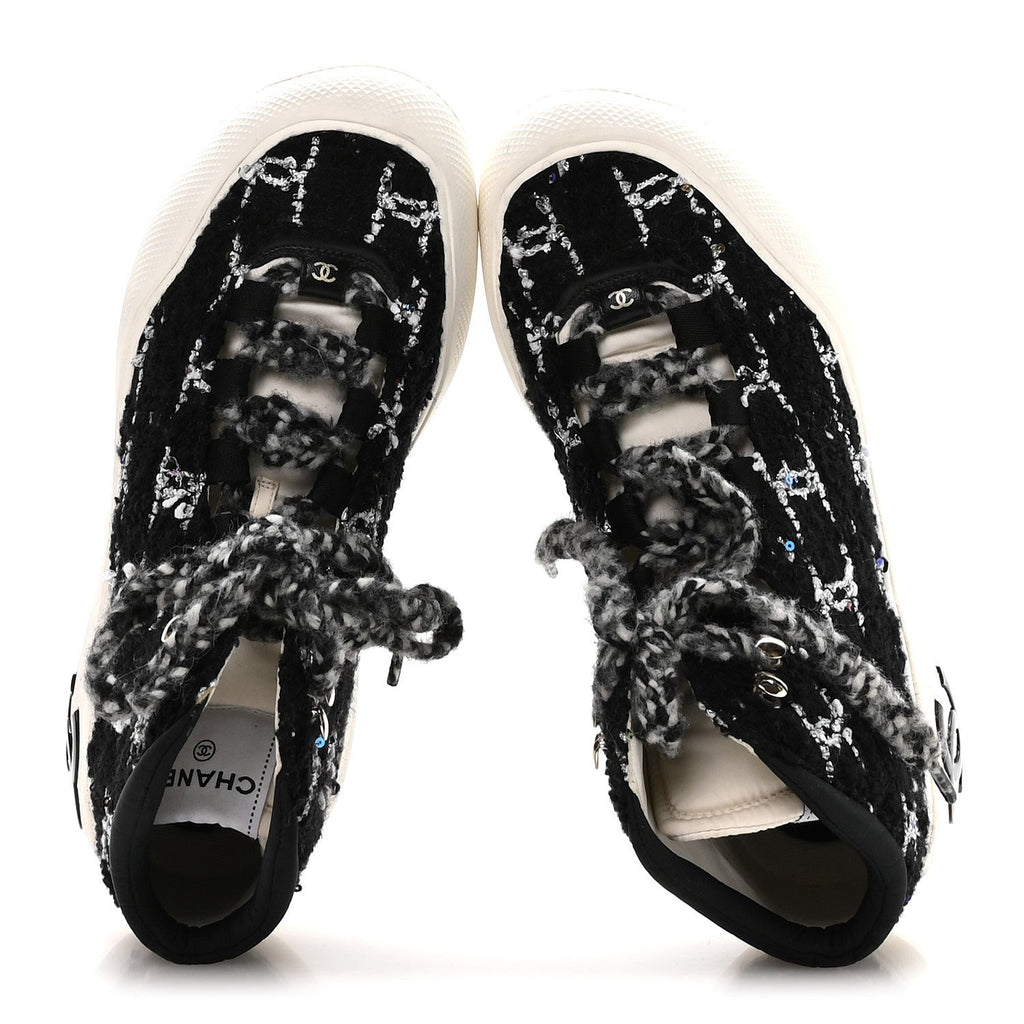 Tweed Sequins CC Lace Up Ankle Snow Boots 40 Black White
