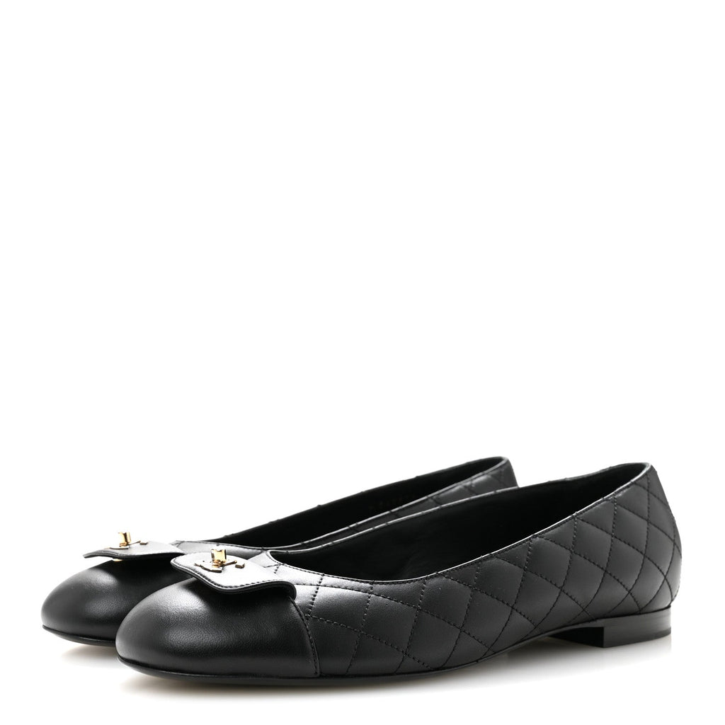 Calfskin Lambskin Quilted CC Cap Toe Ballerina Flats 37 Black