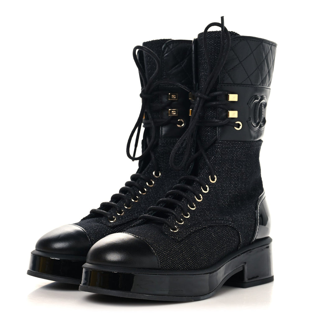 Fabric Patent Calfskin Lambskin Quilted CC Lace Up Combat Boots 36 Black