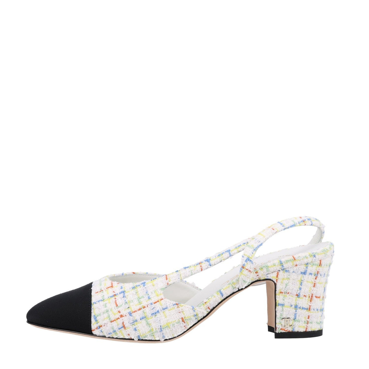 Tweed Grosgrain Cap Toe CC Slingback Pumps 40 White Multicolor