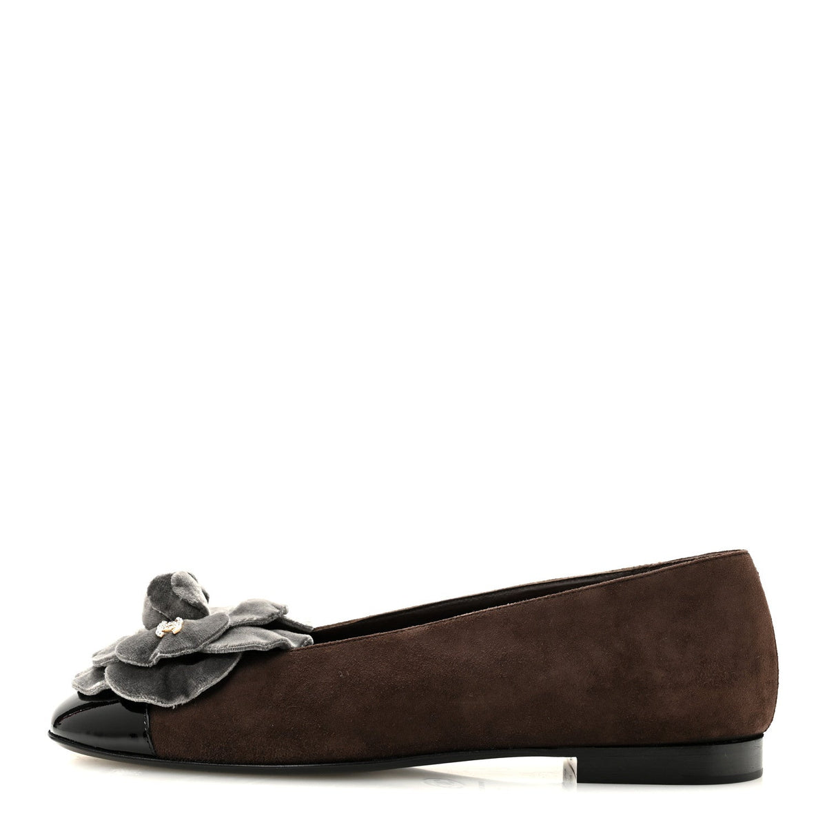 Suede Patent Cap Toe Camellia Ballerina Flats 37 Marron Gris